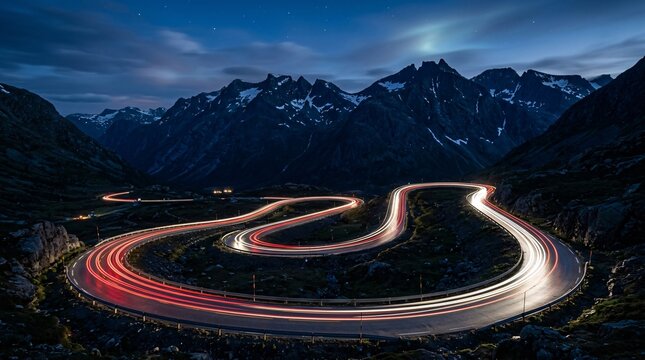 Winding mountain highway is beautifully illuminated by blazing red and white long-exposure car light trails beneath majestic dark blue twilight peaks.