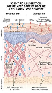 Youthful skin lipid barrier abundant collagen high hydration aging skin increased water loss degraded collagen reduced hydration scientific illustration anti aging barrier science collagen loss