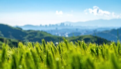 Fototapeta premium Vibrant green field with a distant city skyline under a bright blue sky, capturing the essence of nature meeting urban life.