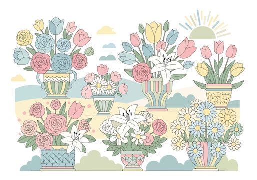A colorful illustration of various flower arrangements in pastel hues
