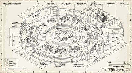 Obraz premium Isometric technical floor plan of a circular control room