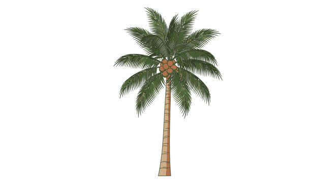 Single coconut palm tree with brown trunk and green fronds on white background