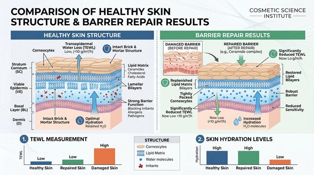 Healthy skin structure with intact lipid matrix, optimal hydration, and low TEWL compared to damaged skin barrier before and after repair, showing improved hydration and reduced TEWL