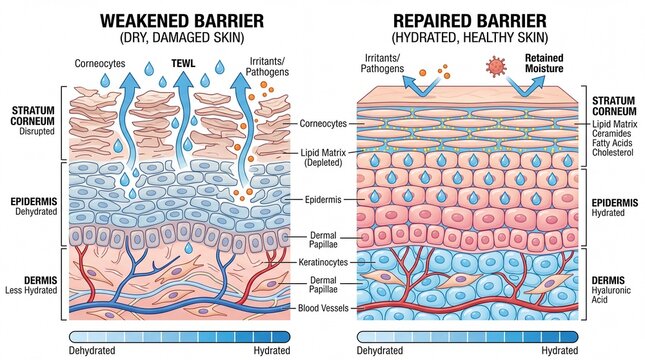 Weakened barrier dry damaged skin stratum corneum disrupted TEWL irritants pathogens lipid matrix depleted dehydrated epidermis dermis hydrated repaired barrier hydrated healthy skin stratum