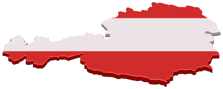 Vector artwork representing the 3D isometric map of Austria with the national flag pattern, symbolizing travel, european tourism, and country identity, (cut out)