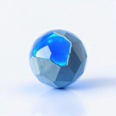 Naklejka premium Polygonal sphere, blue crystal inside gray facets. Reflective surface, soft lighting, minimalist composition. Clean studio shot.