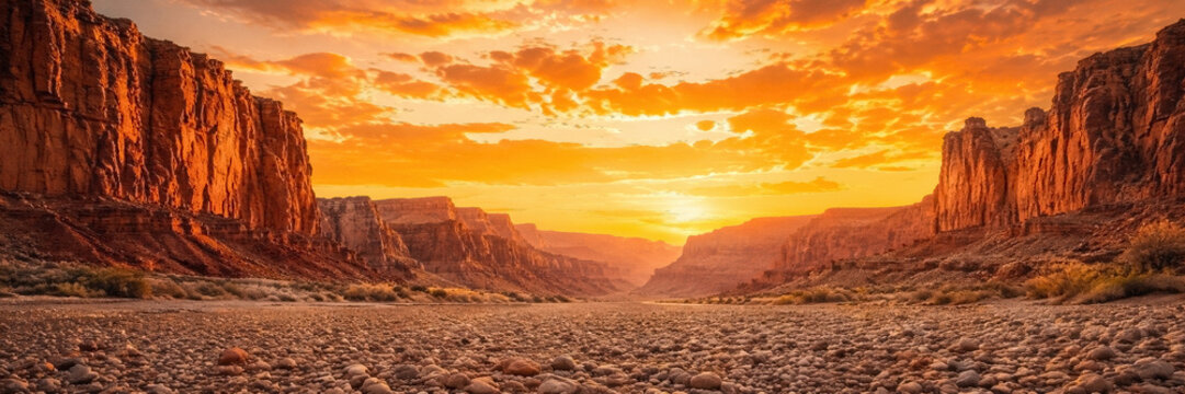Rocky desert canyon floor leading toward a sunlit horizon under a dramatic orange and gold sunset sky. Warm dramatic landscape.