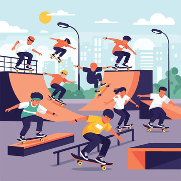 Diverse skateboarders performing tricks