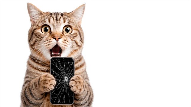 Shocked cat reaction with broken smartphone and copy space