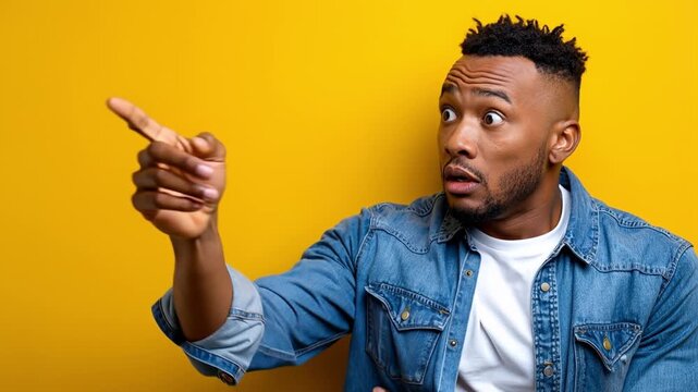 Shocked young man pointing to the side and laughing happily against a bright yellow studio background