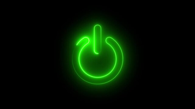 A neon blue power button symbol glowing against a dark black background in simple graphic style. Neon power button icon. Computer generated 3d render