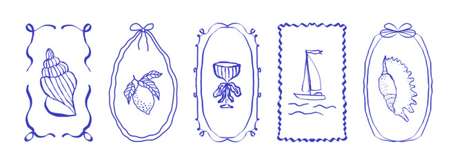 Whimsical blue hand-drawn bow frames with lemon, boat, glass, shell, cocktail in retro coquette style on white background. Vector set for menu, greeting cards, party decor. © Екатерина Тарасова