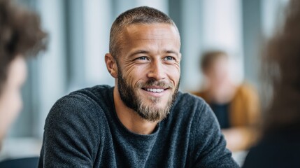 Fototapeta premium Smiling man with beard and short hair in a casual meeting setting