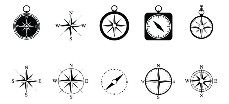 Compass icon vector set featuring various wind rose designs in black silhouette style, symbolizing navigation, direction finding, travel exploration, and guidance tools.