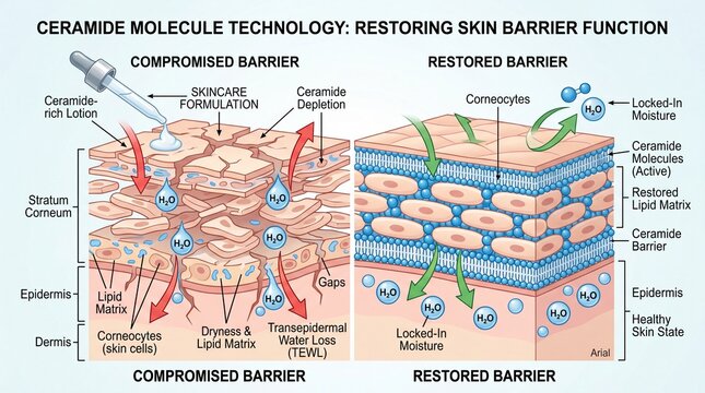 Ceramide molecule technology skin barrier lipid matrix corneocytes moisture hydration epidermis dermis skincare healthy protection illustration