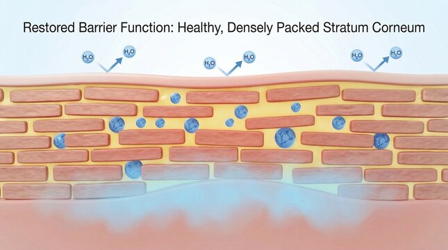 Restored barrier function healthy densely packed stratum corneum skin hydration moisture retention ceramide technology dermatology epidermis protection illustration