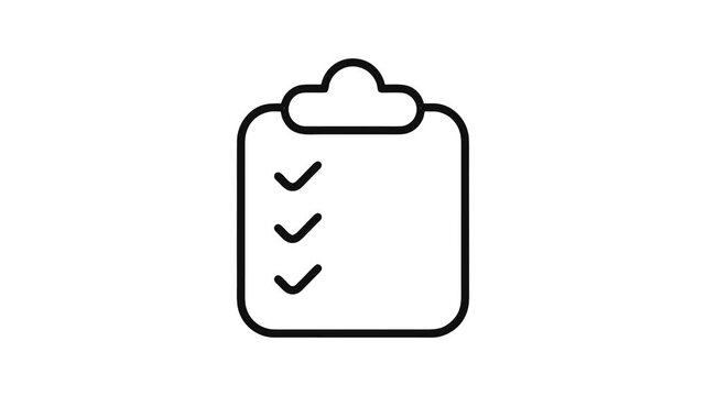 Black Clipboard Checklist Outline Icon Animation Line Drawing Reveal and Outro Repeated Cycle Loop - Transparent Background Alpha Channel Included