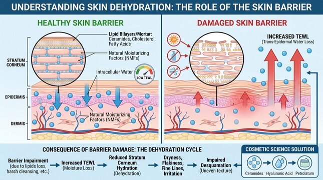 Healthy skin barrier with lipid bilayers, natural moisturizing factors, and low transepidermal water loss compared to damaged skin barrier showing increased water loss, dryness, and irritation