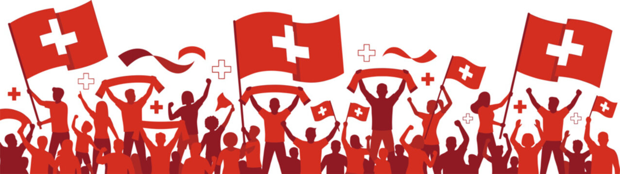 Crowd of swiss football fans cheering with national flags and scarves, celebrating a victory or supporting the national team, vector illustration