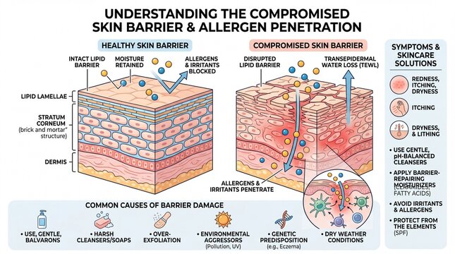 Healthy skin barrier lipid layer moisture retained allergens blocked compromised skin barrier disrupted lipid barrier increased water loss allergens penetrate dry itching