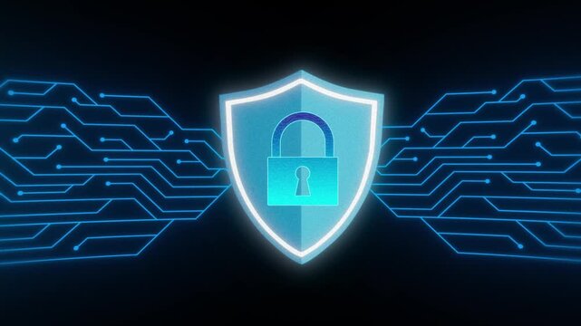 Digital Security Shield: A glowing neon blue shield with a lock symbol is superimposed on a circuit board pattern, representing digital security and data protection.