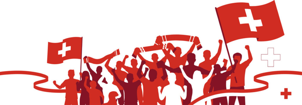 Swiss football fans cheering with flags and scarves