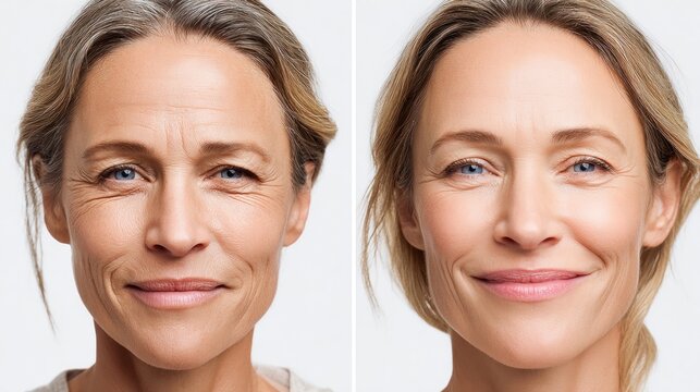 Split screen comparison of a woman's face showing aging and rejuvenation effects