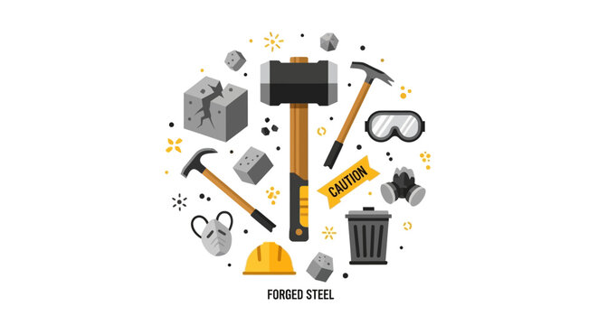 Construction and Demolition Tools Illustration - Sledgehammer, Safety Gear, and Industrial Equipment Set
