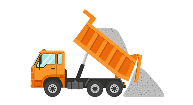 Orange Dump Truck Unloading Gravel Vector Illustration. Heavy Construction Tipper Vehicle Delivering Building Materials Isolated on White.