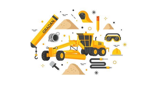 Construction Machinery and Safety Equipment Illustration with Yellow Motor Grader and Industrial Icons