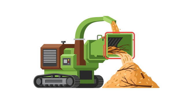 Industrial Tracked Wood Chipper Illustration - Green Forestry Shredder Machine for Wood Recycling and Landscaping