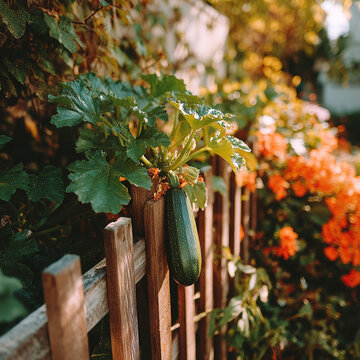 Single green zucchini growing on garden fence with zucchini vegetable backyard