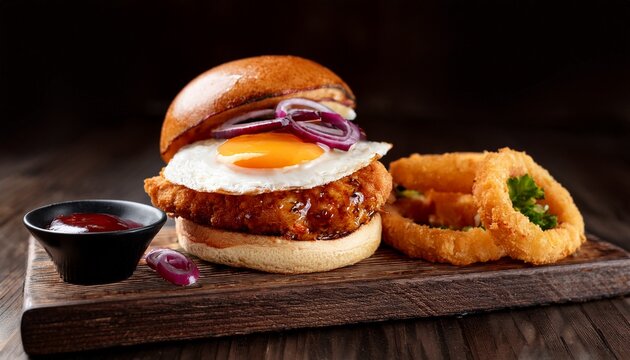 gourmet fried chicken burger with a sunny side up fried egg and tangy berry sauce served on a rustic wooden board with onion rings for restaurant advertising