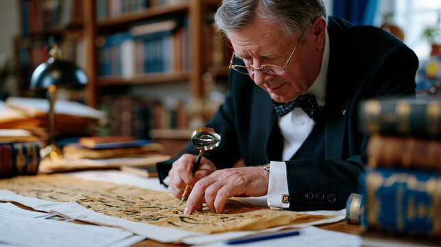 University scholar traces hieroglyphic cartouches on a papyrus facsimile spread across an archive table, magnifying glass poised above ancient inscriptions, reference volumes and translation notes s