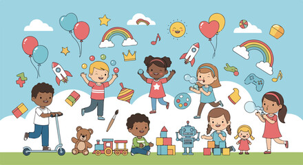 A colorful illustration of children playing with toys © Zetsu
