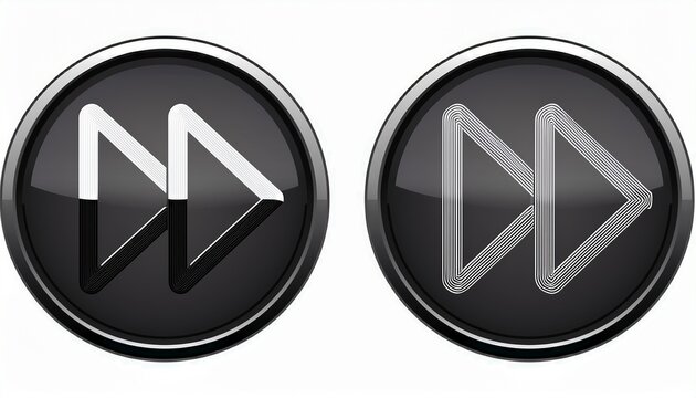 black fast forward and rewind arrows in circular buttons for media player control outline version