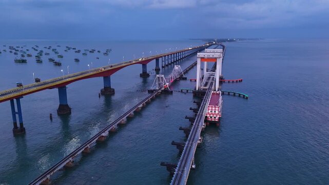Aerial Drone View of Pamban Bridge in Rameswaram Tamil Nadu India