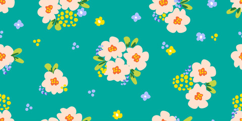 Cute delicate floral vector seamless pattern. Pink flowers, leaves on a blue-green background. For fabric prints, textiles, and summer clothing. © MaxNadya