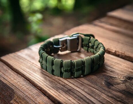 handmade paracord survival bracelet with buckle on rustic wooden table in forest outdoor camping adventure gear