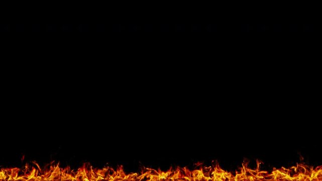 Realistic fireplace fire animation along the bottom edge, steady horizontal flame isolated on transparent background 4K