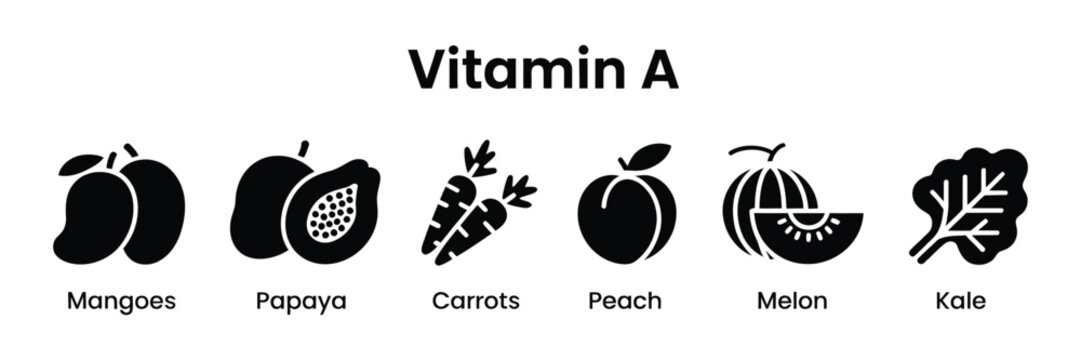 Vitamin A infographic set with black silhouette fruit and vegetable icons including mangoes, papaya, carrots, peach, melon, and kale for dietary education.