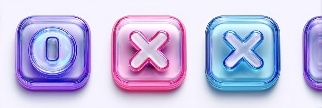 Set of glossy, transparent UI buttons with icons for close and pause actions.