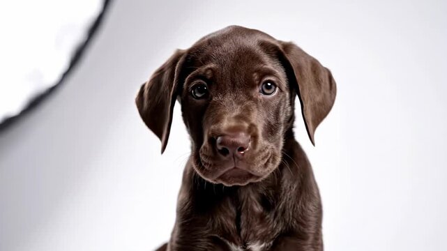 Chocolate Labrador Retriever Puppy Tilting Head on White Studio Background with Expressive Brown Eyes