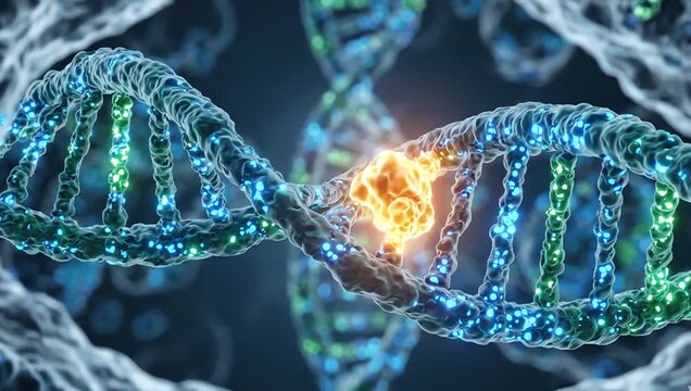 DNA strands showing subtle mutation changes inside transparent cellular structures
