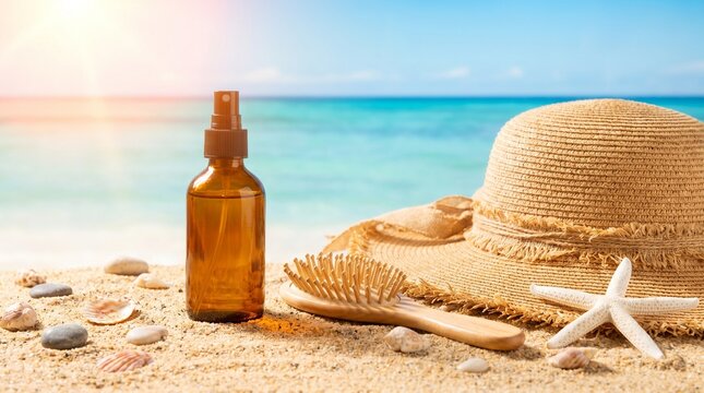Summer hair care essentials with oil spray bottle and wooden comb on sandy tropical beach with straw hat and starfish beauty product summer vibes
