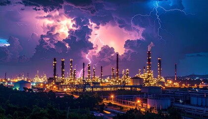 Fototapeta premium Industrial Oil Refinery at Night with Stormy Sky.