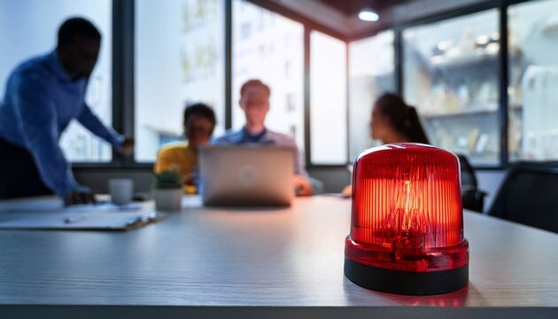 red alarm light signaling emergency in modern office space with blurred employees working at desks safety concept for workplaces and emergency services