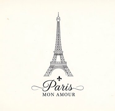 Minimalist graphic sketch illustration of eiffel tower with elegant paris mon amour text, illustration