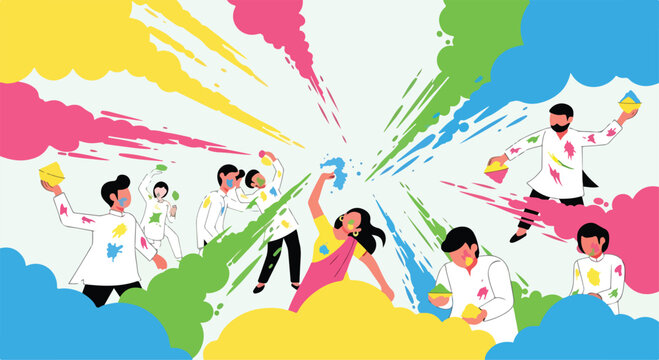 A colorful illustration of joyful people throwing paints
