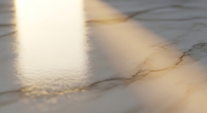 Close-up view of morning golden light shining on textured white marble surface with dark veins, material